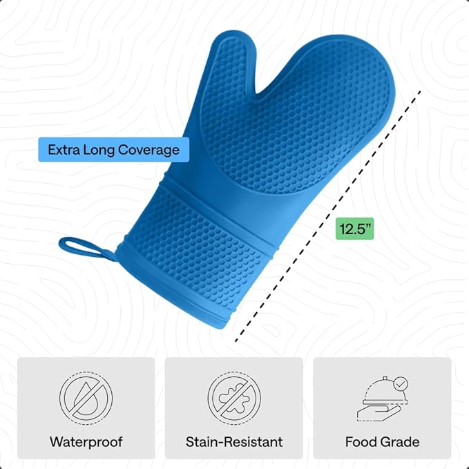 GORILLA GRIP BPA-Free Soft Silicone Oven Mitts, Heat Resistant and Waterproof Cooking Gloves, Thick Cotton Lining, Flexible Gripping for Baking Grilling, Kitchen Potholders Set of 2, 12.5x8.3, Aqua
