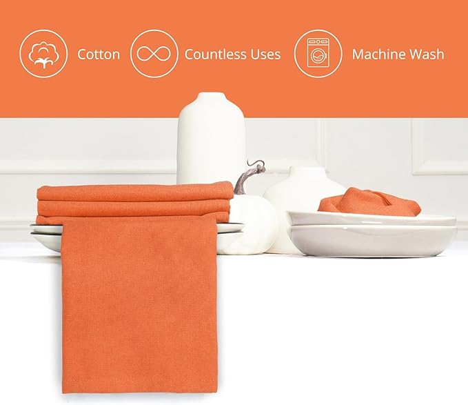 PurpleEssences Set of 12 Cloth Dinner Napkins 100% Cotton 18x18 Inch - Soft Durable Washable - Ideal for Farmhouse Party Fall Thanksgiving - Perfect Everyday Use Table Linen - Orange
