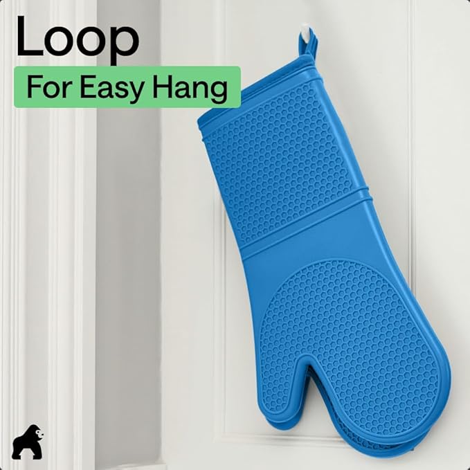 GORILLA GRIP BPA-Free Soft Silicone Oven Mitts, 14.5x8.3, Heat Resistant and Waterproof Cooking Gloves, Thick Cotton Lining, Flexible Gripping for Baking Grilling, Kitchen Potholders Set of 2, Aqua