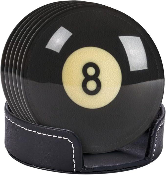 Black 8 Billiard Coasters for Drinks with Holder Round Leather Coasters Set of 6 Cups Mugs Mat Pad for Home Kitchen Bar