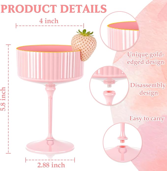 XUWAIDSGN 12 Pcs Champagne Martini Glasses 9 Oz with Gilded Removable Gold Rim Coupe Glasses Pink Martini Glasses Plastic Mimosa Vintage Coupe Glasses Set For Wedding Anniversary (12, Solid Pink)