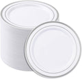 BESTSTAR 7 Inch White Plastic Plates,100PCS Disposable Dessert/Appetizer/Small Cake Plates with Silver Rim,Heavy Duty Plate Ideal for Christmas, Wedding and Birthday
