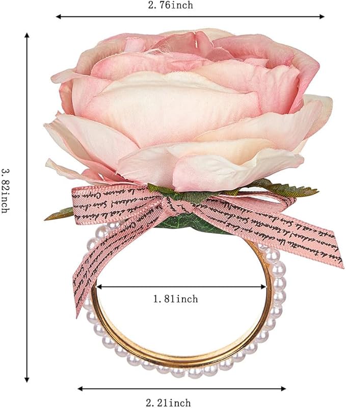 Pearl Napkin Rings Set of 6,Rustic Rose Napkin Rings Flower Dinner Napkin Holder for Table Decoration (21#Peach Pink)