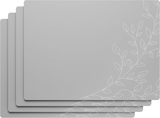 Royalty Art Silver Grey Boho Placemats, 4 Pc. Set, Non-Slip Cork Backed, Wipeable Heat Resistant Surface for Kitchen and Dining Table Protection, Cute Floral Pattern for Farmhouse or Rustic Decor