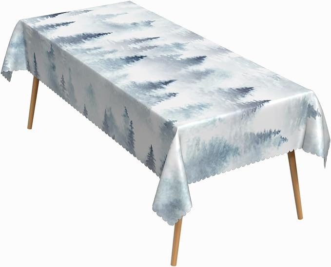 60x102 Inch Nordic Winter Nature Rectangle Tablecloth Misty Foggy Pine Trees Forest Table Cloth Waterproof Stain Resistant Table Cover for Kitchen Dining Picnic Home Holiday Christmas Party