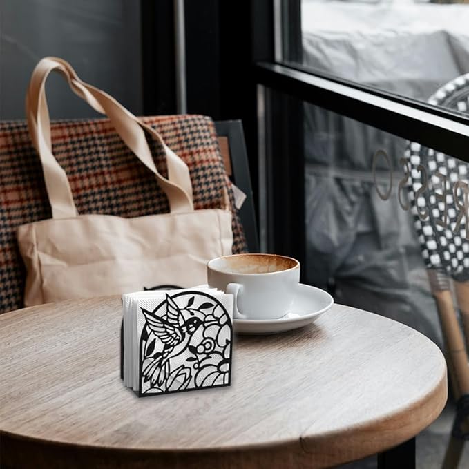Hummingbird Decorative Black Metal Napkin Holder for Table, 4.9" x 4.9" x 2" Bird Flower Standing Napkin Holder for Home Kitchen Restaurant Picnic Party Coffee Bar Dining Room