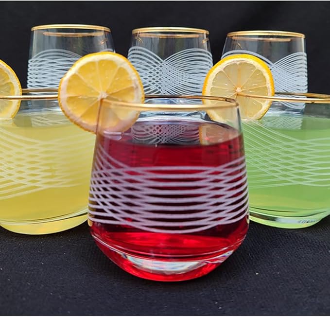 Gold Rim Cocktail Wine Whiskey Drinking Glasses Set of 6 Glassware Rimmed Trim Crystal Cups Juice Water Drinkware Drinks Bar Fancy Party Wedding (Gold3)