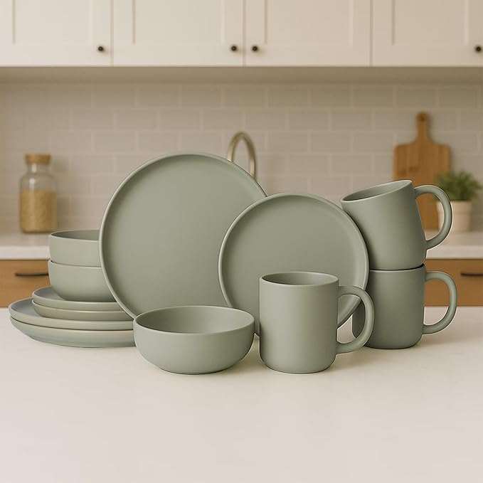 12-Piece Stoneware Dinnerware Set with Mugs | Microwave and Dishwasher Friendly | Stackable Matte Glaze Plates & Bowls | Service for 3 (Green for 3)