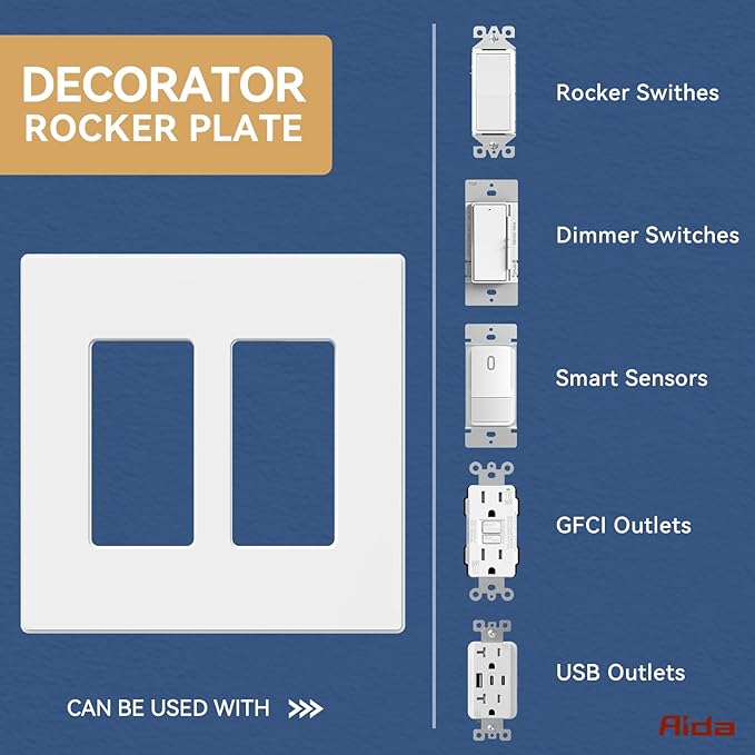 AIDA 4 Pack Screwless Wall Plate cover, 2 Gang Wall Plate Screwless Outlet Switch Covers Outlet Covers Switch Plate Wall Plates for Electrical Outlets and Switches, UL Listed -Matte White
