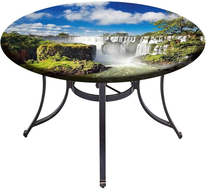 Round Vinyl Fitted Tablecloth, Landscape Print Polyester Table Cloth, Majestic Waterfall River Argentinean Falls Natural, Fit Round Tables 48inch Diameter, for Wedding Party Dining Banquet Use