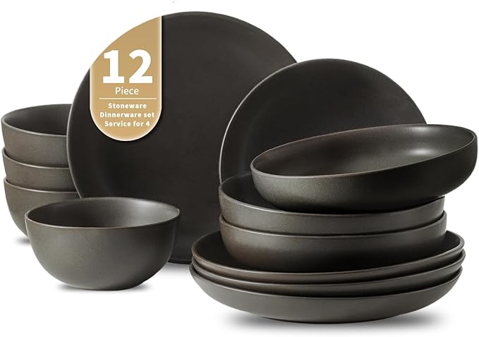Stoneware Dinnerware Set for 4 Person,12 Pieces Ceramic Plates and Bowls Sets Matte Black Modern Dish Set for Kitchen Dinner,Scratch Resistant,Microwave and Dishwasher Safe,Round