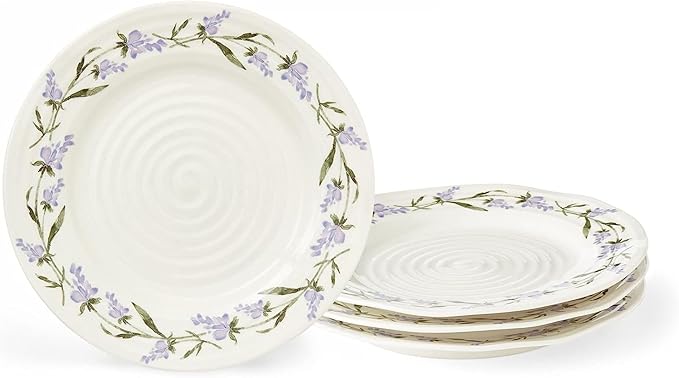 Portmeirion Sophie Conran Lavandula 8 Inch Salad Plates, Set of 4 - Rippled Porcelain Plates with Lavender Sprig Detail for Garden Brunches, Casual Entertaining & Seasonal Dining - Dishwasher Safe