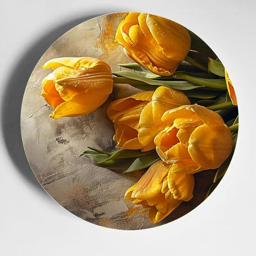 10 Inch Decorative Ceramic Plates with Display Stand Still Life Yellow Tulips Artistic Wall Hanging for Party and Home Decor DP-40207276