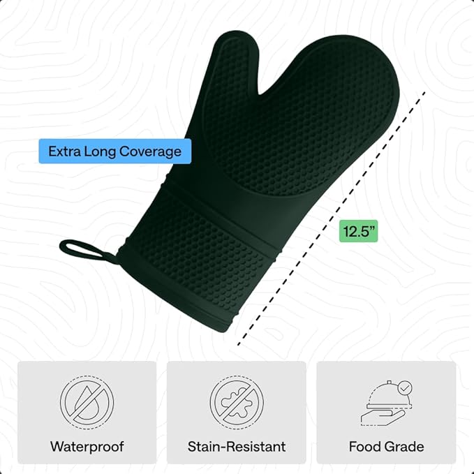 GORILLA GRIP BPA-Free Soft Silicone Oven Mitts, Heat Resistant and Waterproof Cooking Gloves, Thick Cotton Lining, Flexible Gripping for Baking Grilling, Kitchen Potholders Set, 12.5x8.3, Hunter Green