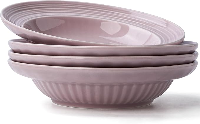 Wide Rim Soup Bowls, 11oz Small Capacity Rimmed Pasta Bowls Set of 4, 8 Inch Ceramic Salad Bowl, Shallow Plates, Elegant Dinner Cereal Serving - Microwave Dishwasher Oven Safe - Purple