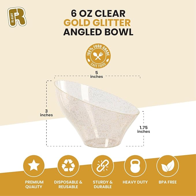R-kay 6 Pack Angled Candy Bowls - Clear Plastic bowls - Premium Plastic Serving Bowls Heavy Duty For Weddings Catering, parties, And All Occasions (Gold Glitter, Small)