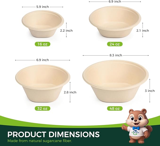 32 Oz [50 Pack] Heavy Duty Deep Paper Bowls - Disposable and Compostable - Made from Eco-friendly Sugarcane Bagasse - Biodegradable Bowls for Soup, Salad, Dessert, Ice Cream