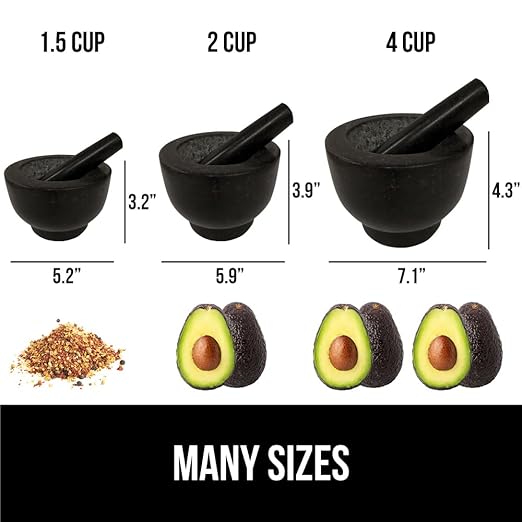 GORILLA GRIP Heavy Duty XL Mortar and Pestle Set with Slip Resistant Base, 4 Cup, 100% Granite Stone Molcajete Guacamole Bowl, Grind Seeds, Spices, Crush Garlic, Kitchen Muddler for Fresh Herbs, Black