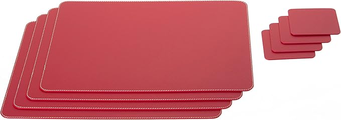 Nikalaz Set of 4 Placemats and 4 Coasters Made of Recycled Leather (15.75''x11.81'', Red)