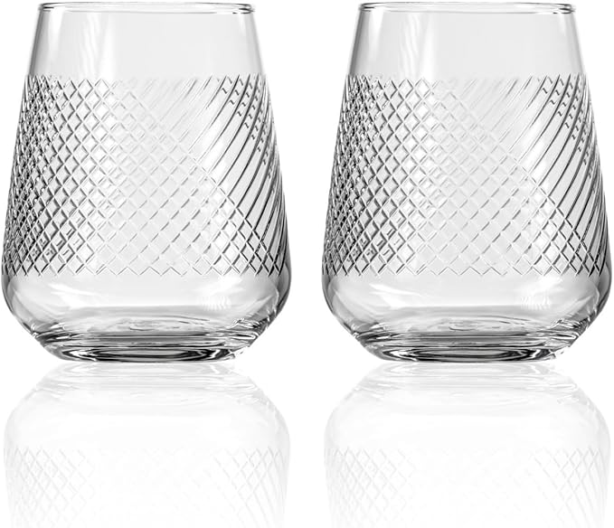 Rolf Glass Bourbon Street Stemless Wine Glass | Set of 2 | 15.75 Ounce Stemless Tumblers | Lead-Free Glass | Diamond-Wheel Engraved and Polished Glassware | Modern Luxury Glassware