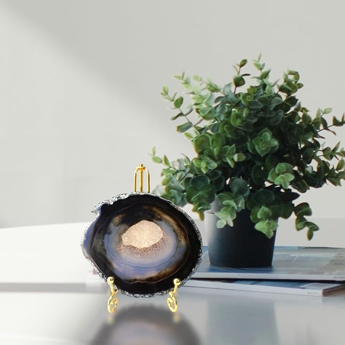 Black Agate Slices Bulk Geode Coasters Set of 4 with Rubber Bumpers - Unique 3-4 Inch Dyed Stone Drink Crystal Coasters for Home Decor, Coffee Table, Bar Accessories