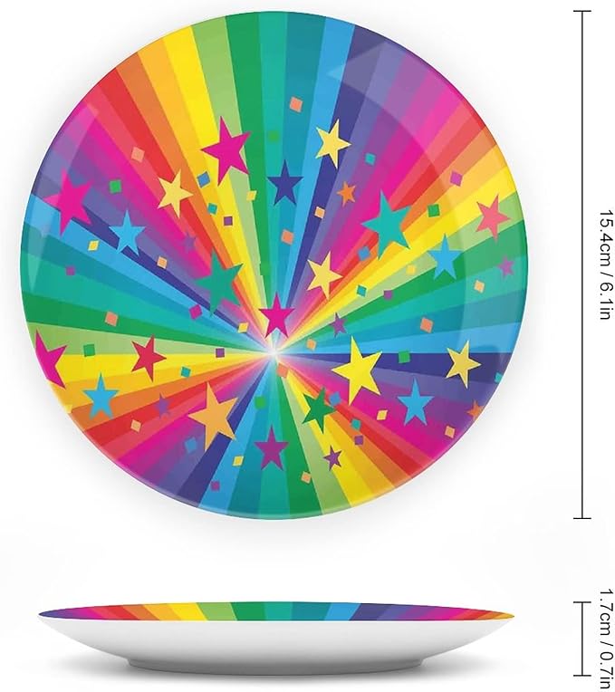 Ceramic Display Plate, Abstract Decor Ceramic Hanging Decorative Plate, Abstract Rainbow and Stars Confetti Rays Striped, 7 Inch, Living Room Kitchen Decoration Household, Multy