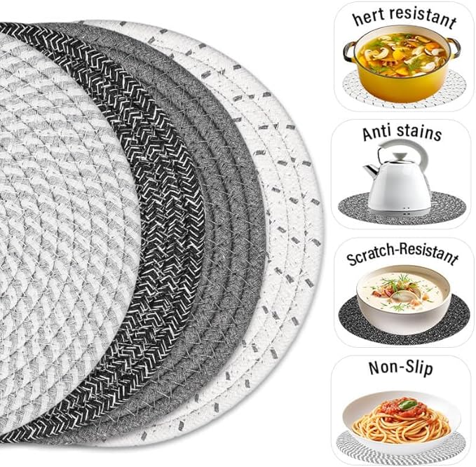 8" Trivets Set for Hot Dishes, 4 Heat Resistant Pot Holders Kitchen Counter, Table, Home Essentials, Anti Stain Hot Pads Plate Mats for Hot pots and Pans