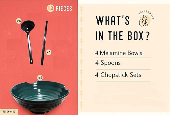 4 XL Ramen bowl set, 12 Pieces Pho Bowls Set, Asian Japanese soup with Spoons and Chopsticks. Restaurant Quality Melamine, 52 oz for Noodles, Udon, Thai, Chinese dinnerware (Green Black, 9 inch x4)