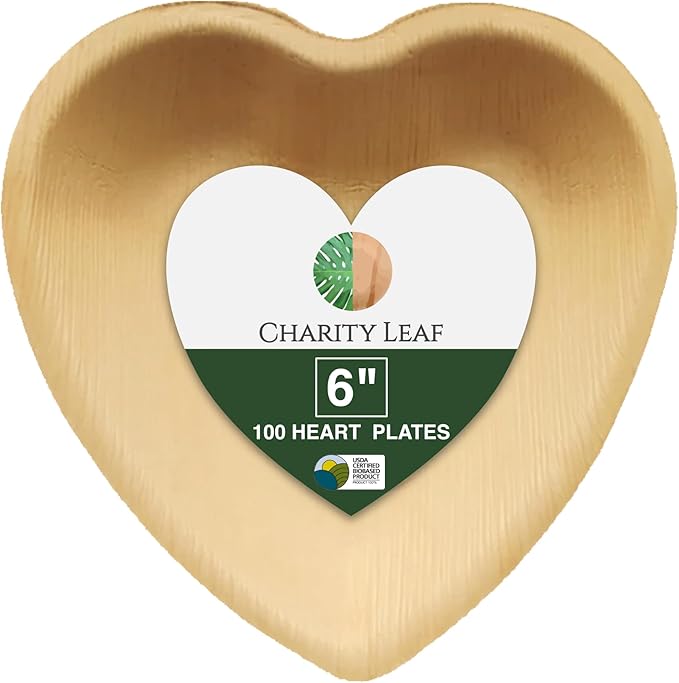 Charity Leaf Disposable Palm Leaf 6" Heart Plates (100 pieces) Bamboo Like Serving Platters, Disposable Boards, Eco-Friendly Dinnerware For Weddings, Catering, Events