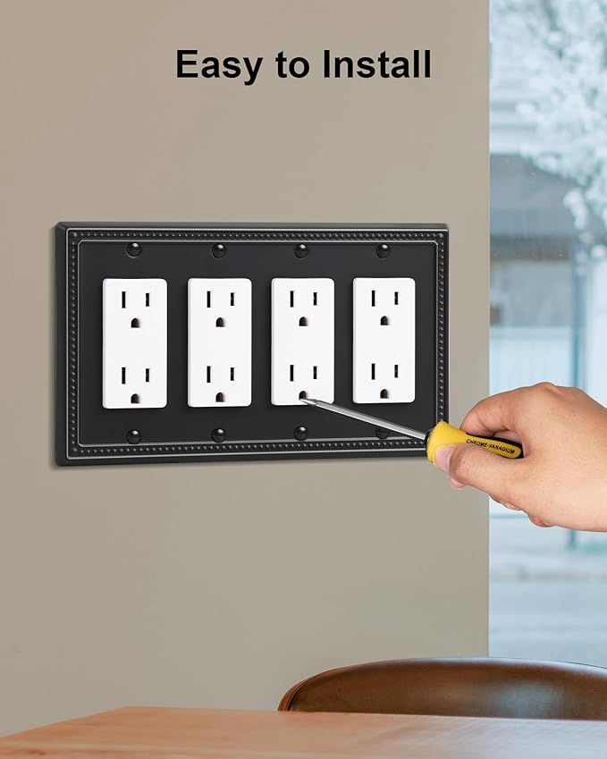 2-Pack Quad Decorator Outlet Cover Plate, Black Pearls Decorative Switch Plates and Outlet Covers, Metal Wall Plates for Electrical Outlets, Receptacle, GFCI Outlet, Dimmer Switch