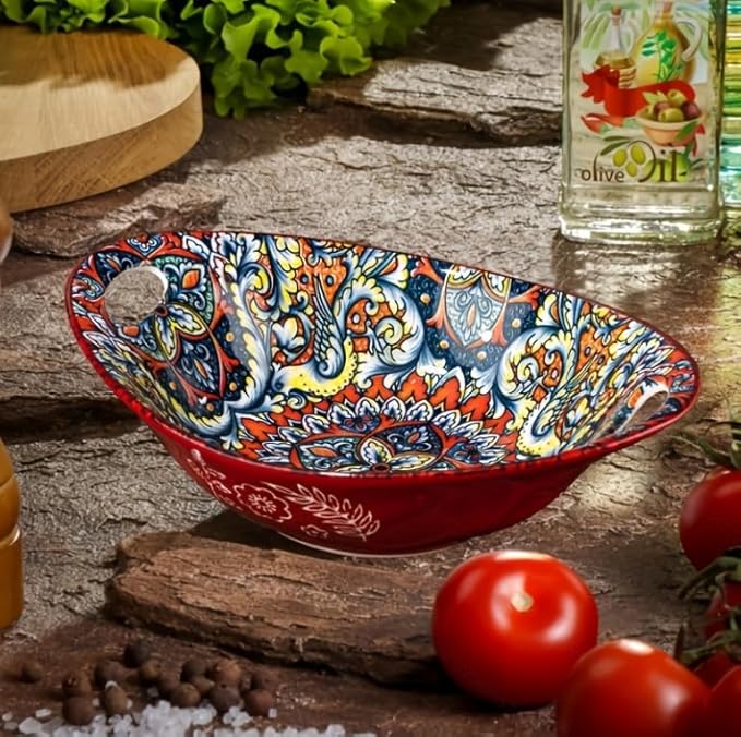 Ceramic Large Soup Bowl with Double Handle 9 inch Set of 4-20 oz, Embossed Bowl Set for Salad, Oatmeal, Dessert, Pasta, Stew, Dishwasher & Microwave Safe - Colorful