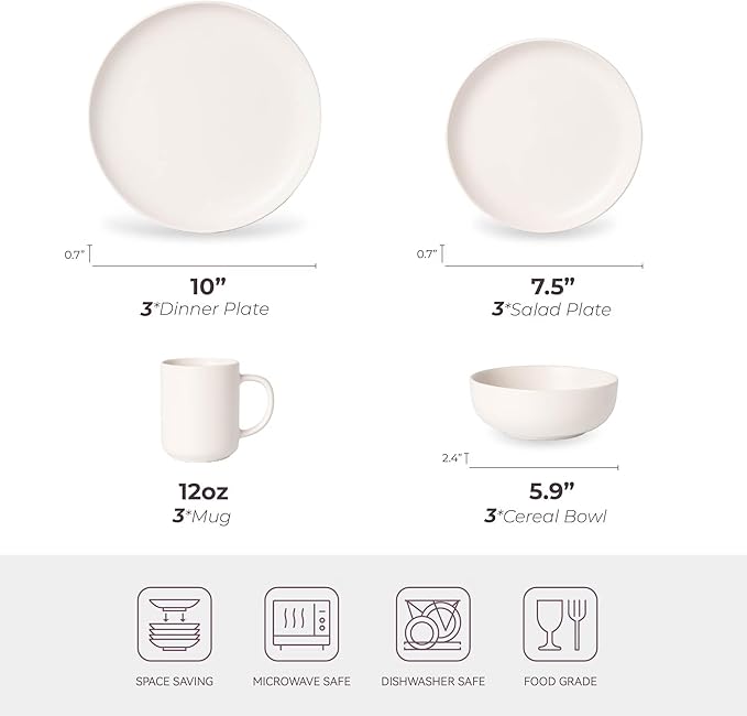 12-Piece Stoneware Dinnerware Set with Mugs | Microwave and Dishwasher Friendly | Stackable Matte Glaze Plates & Bowls | Service for 3 (White for 3)