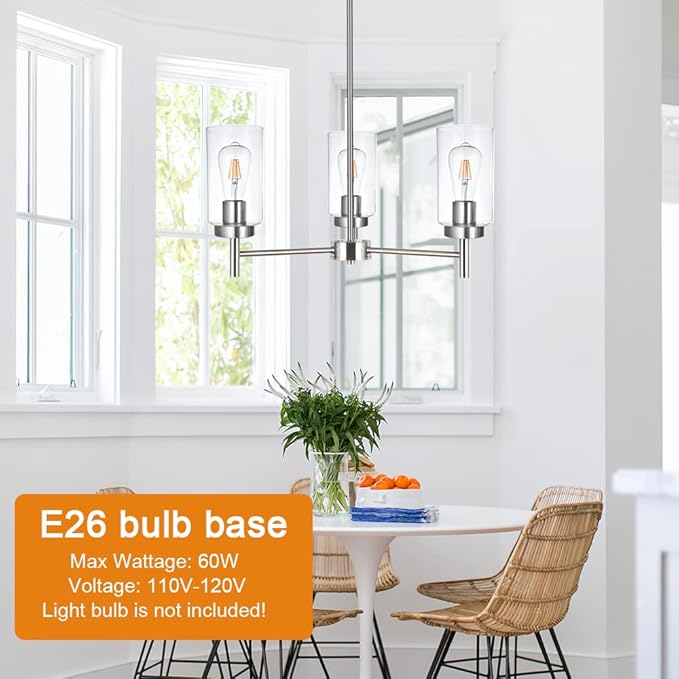 VINLUZ 3 Lights Modern Chandeliers Metal Light Fixtures Ceiling Brushed Nickel Industrial Pendant Lighting for Dinging Room Living Room Kitchen Bedroom Hallway