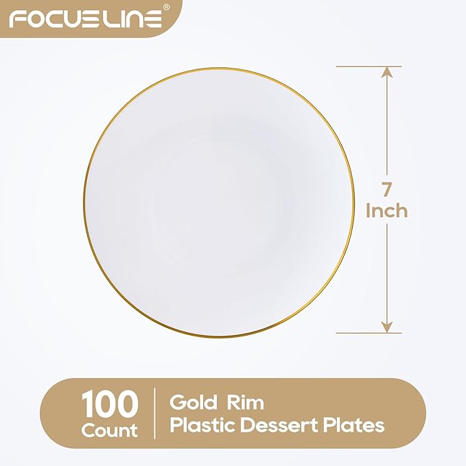 FOCUSLINE 100 Count Gold Plastic Plates 7 Inch, Disposable Heavy Duty Salad Dessert Plates, Premium Hard Plastic Plate Disposable with Gold Rim for Wedding Parties
