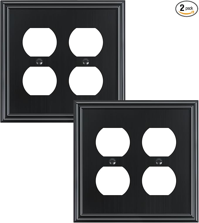 2-Pack Double Duplex Outlet Cover, Black Decorative Switch Plates and Outlet Covers for Electrical Outlets, Durable Zinc Alloy Wall Plates, 2 Gang Receptacle Cover, Corrosion Resistant