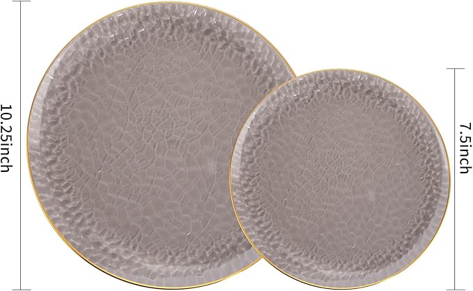 Hioasis 60pcs Black Plastic Plates - Gold Rimmed Disposable, Hammered, Heavy-duty Dinnerware Set Suitable for 30 Guests, 10.25" Dinner & 7.5" Dessert Plates for Party & Wedding