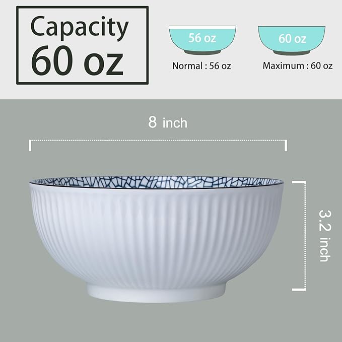 60 oz Large Soup Bowls, Pho Bowls, 8 Inch Blue and White Ceramic Japanese Ramen Bowls Set of 3 - Leaf Pattern