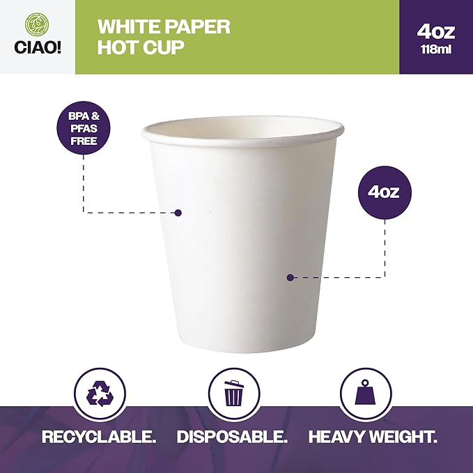 CIAO! 4oz White Paper Hot Cup, Disposable, 63mm Diameter 2,000 Count