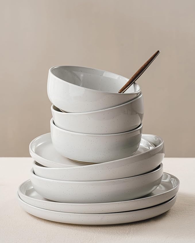 Famiware Milkyway Stoneware Dinnerware Sets with Pasta Bowls, Service for 6 (24 Pieces), Plates and Bowls Sets -Scratch Resistant, Microwave and Dishwasher Safe Dishes Set, White