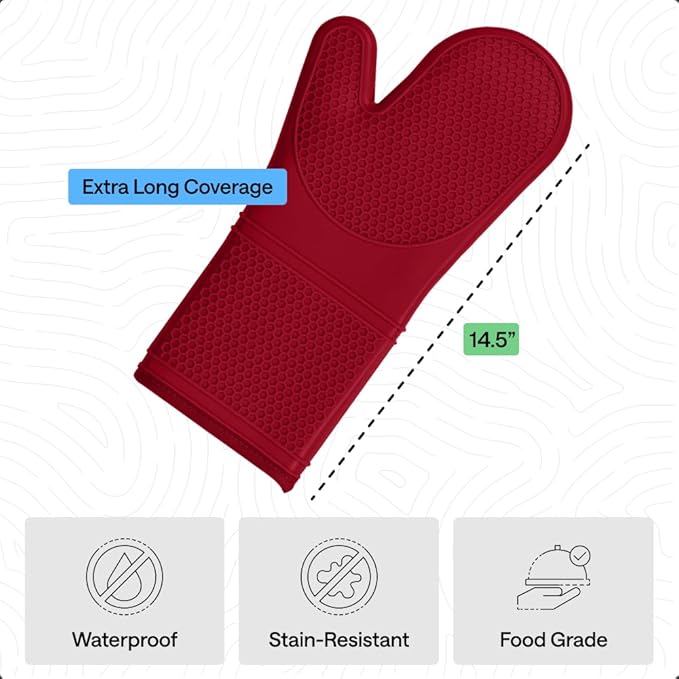 GORILLA GRIP BPA-Free Soft Silicone Oven Mitts, 14.5x8.3, Heat Resistant and Waterproof Cooking Gloves, Thick Cotton Lining, Flexible Gripping Kitchen Potholders Set of 2, Christmas Kitchen Decor, Red