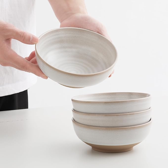 Handmade Ceramic Bowl Set of 4, 28oz - Ideal for Soup, Salad, Cereal, and Rice - Microwave Safe, Durable Clay Dishes - 6.3in