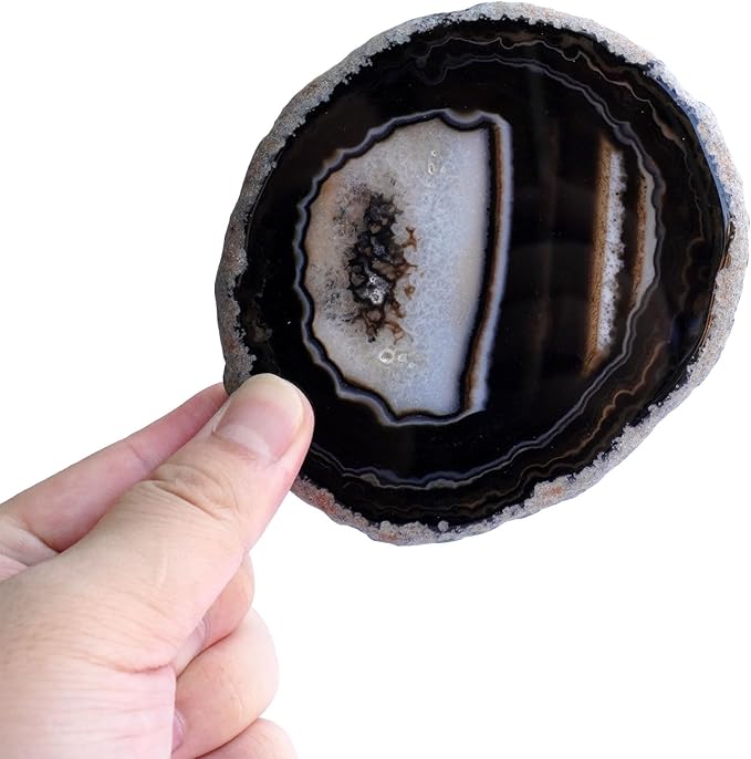 Black Agate Slices Bulk Geode Coasters Set of 4 with Rubber Bumpers - Unique 3-4 Inch Dyed Stone Drink Crystal Coasters for Home Decor, Coffee Table, Bar Accessories