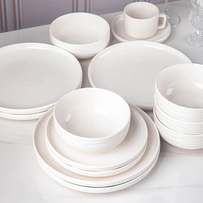 White Dinner Plates Set of 6, 10 Inch Ceramic Ribbed Texture Salad Plates, Kitchen Serving Dishes for Pizza, Steak, Microwave & Dishwasher Safe, Scratch Resistant