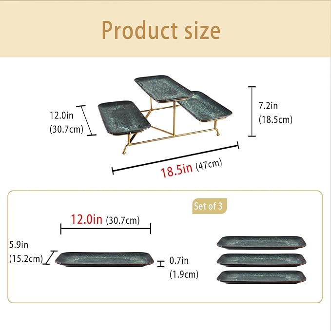 3 Tier Serving Trays for Party, 12 Inch Porcelain Serving Platters and Tiered Trays, Foldable Sturdy Gold Stand, for Food Display, Fruit, Cake Dessert, Decoration Entertaining, Black