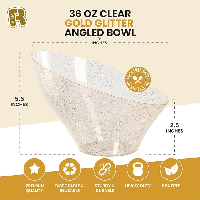 R-kay 6 Pack Gold Glitter Angled Candy Bowls - Large Gold Plastic bowls - Premium Plastic Serving Bowls Heavy Duty For Weddings Catering, parties, And All Occasions.