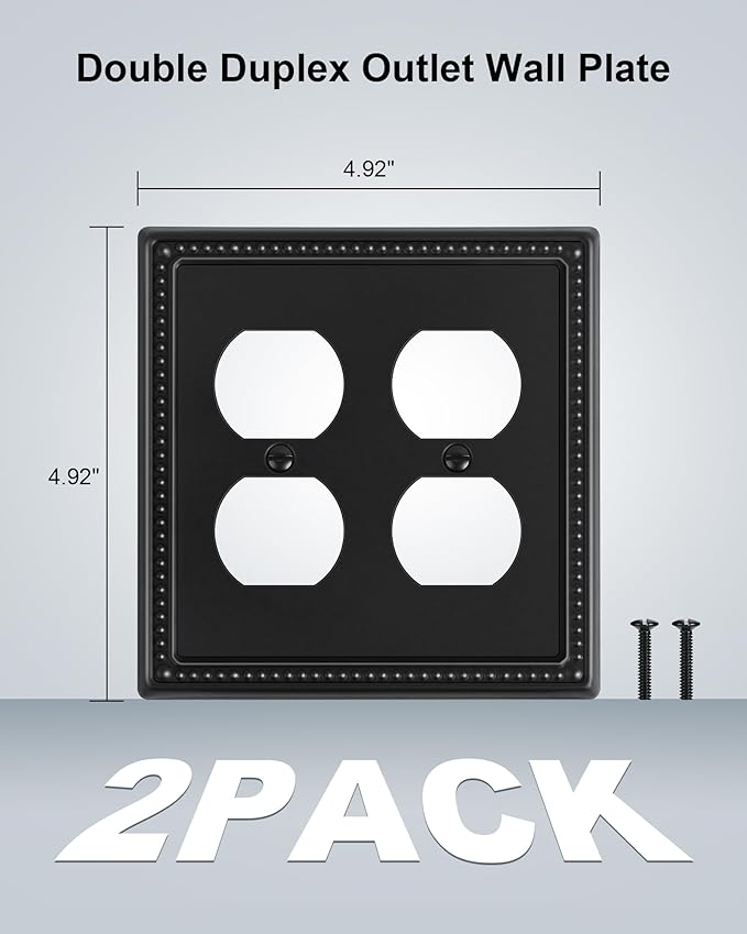 2-Pack Double Duplex Outlet Cover, Metal Switch Plates and Outlet Covers, Black Pearls Decorative Wall Plates for Electrical Outlets, 2 Gang Receptacle Cover, Corrosion Resistant