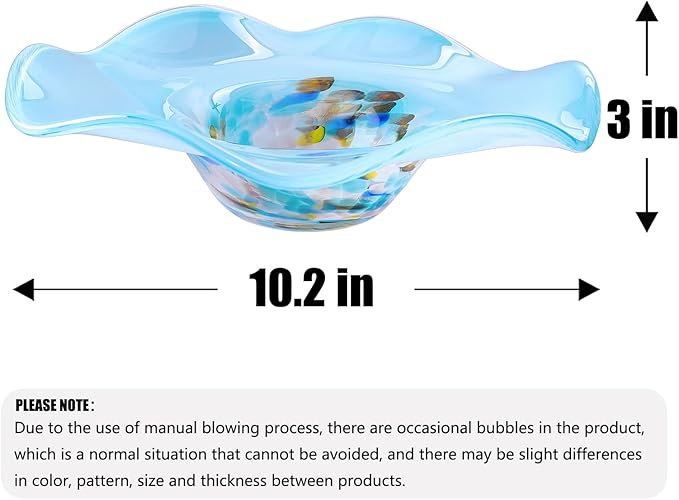 Hand Blown Murano-style Art Glass Bowl, 10.2-Inch Large Decorative Centerpiece for Table, Cobalt Blue Fruit Display & Kitchen Counter Decor