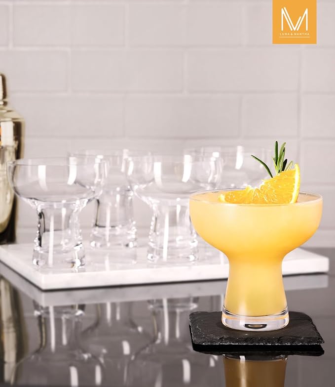 LUNA & MANTHA Martini Glasses Set of 4, 10oz Stemless Margarita Glasses, Modern Hand-blown Margarita Glass for Daiquiri, Frozen Cocktails, Dessert, Daily Use, Home Bar, Birthdays Gift, Crystal Clear