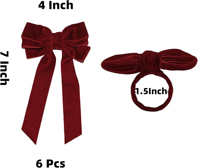 Bow Napkin Rings Set of 6 Luxury Soft Burgundy Velvet Napkin Holders, Elegant Bow Design for Christmas Holiday Dinner Wedding Party Table Decor
