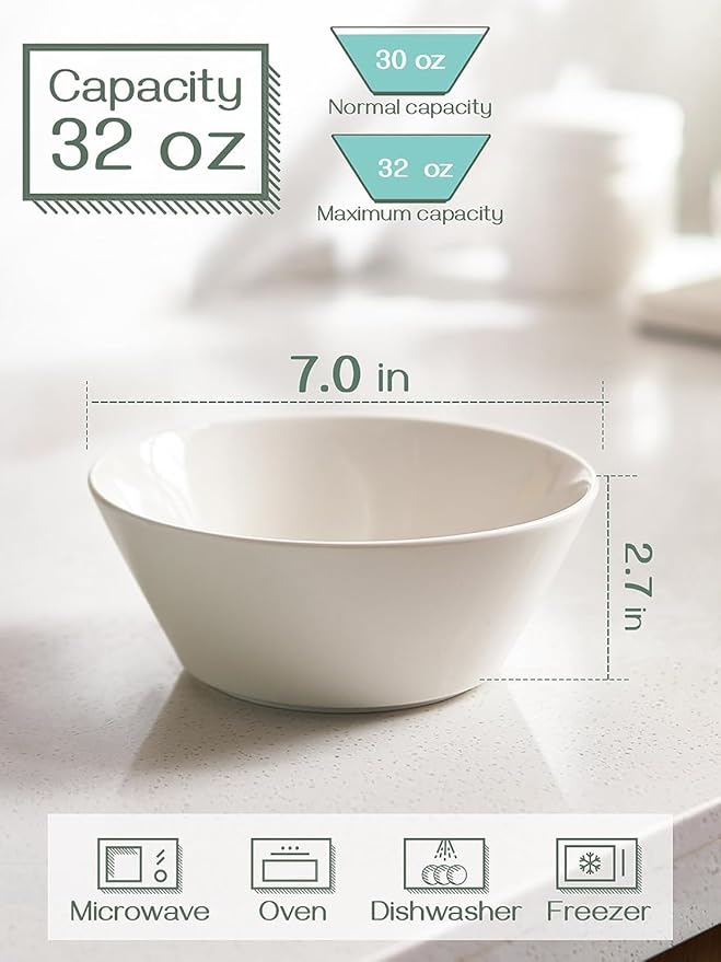DOWAN 32 OZ Large Soup Bowls Set of 4 - White Ceramic Bowls for Kitchen, Deep Bowls for Cereal, Salad, Pasta, Fruits, Ramen, Dishwasher & Microwave Safe